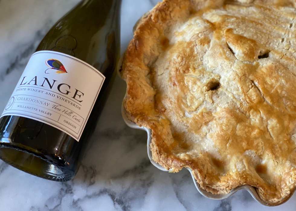 A homemade Chicken Pot Pie & bottle of Lange Estate Winery Three Hills Cuvée Chardonnay