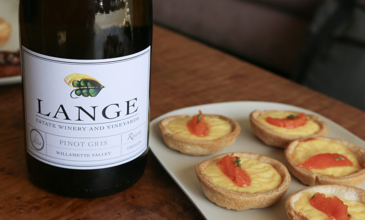 Tangerine creme patisserie tartlet with micro thyme and Lange Pinot Gris Reserve