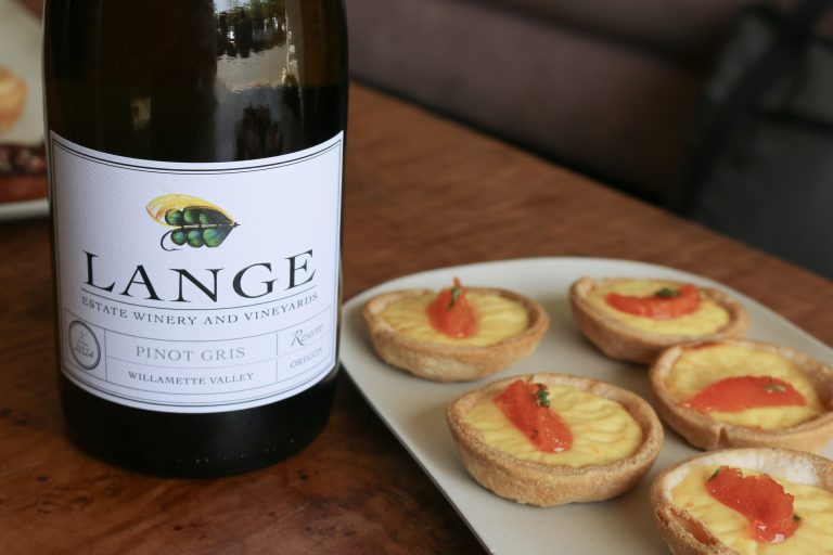 Tangerine creme patisserie tartlet with micro thyme and Lange Pinot Gris Reserve