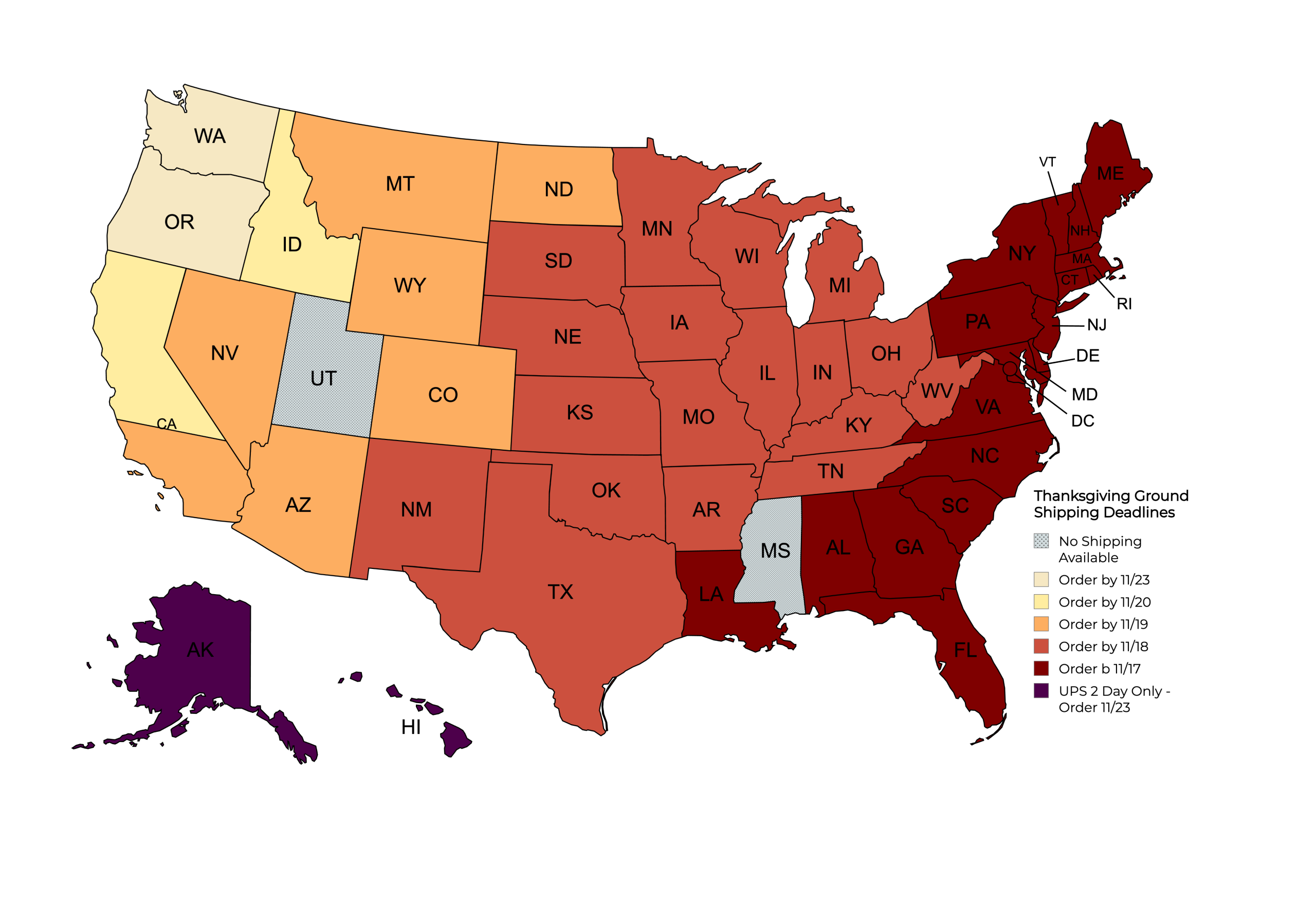 Map of USA color coded for Thanksgiving Shipping Deadlines.